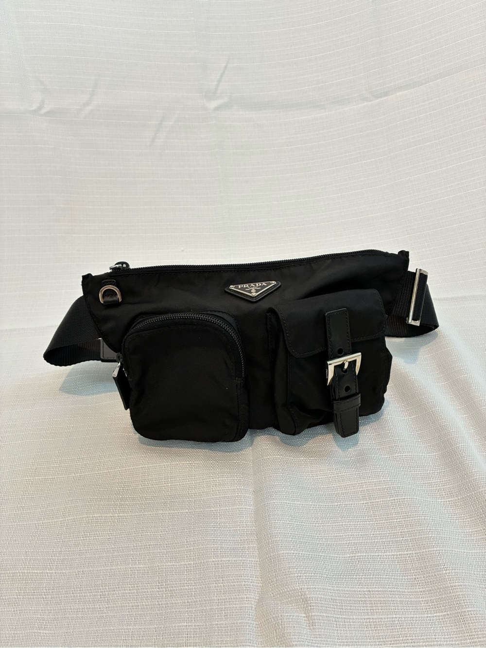 Prada Vintage Tessuto Double Pocket Nylon Black Belt Bag Silver Tone Hardware